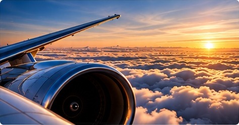 Aircraft wing and engine over clouds at sunset